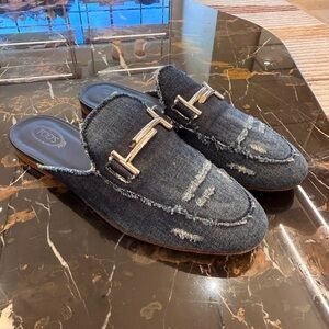 Tod’s Double T Denim Backless Loafer Mules